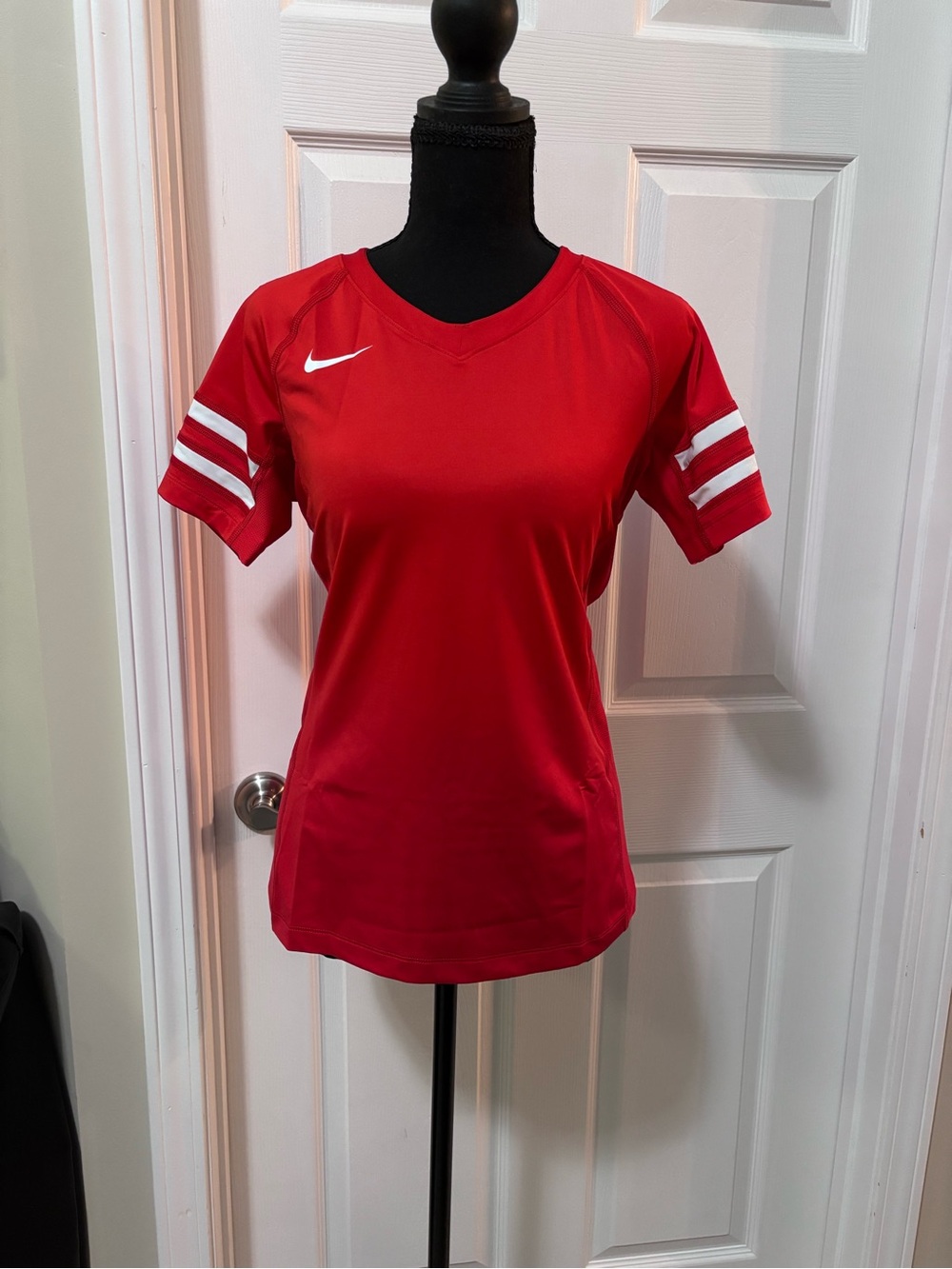 Nike Red Women's Short Sleeve Volleyball Jersey with White Sleeve Stripes